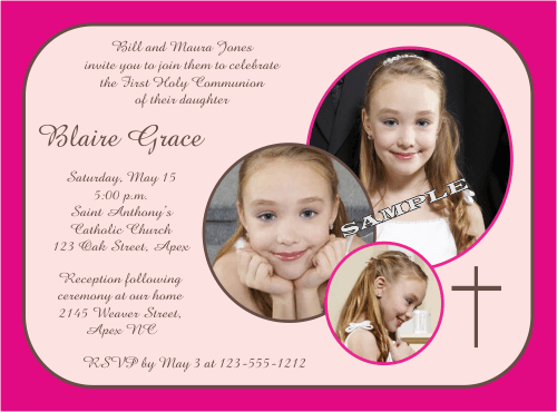 Pink Circles First Communion Invitation with 3 Pictures