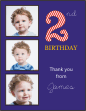 triple Photo 2nd Birthday Blue Thank You Card